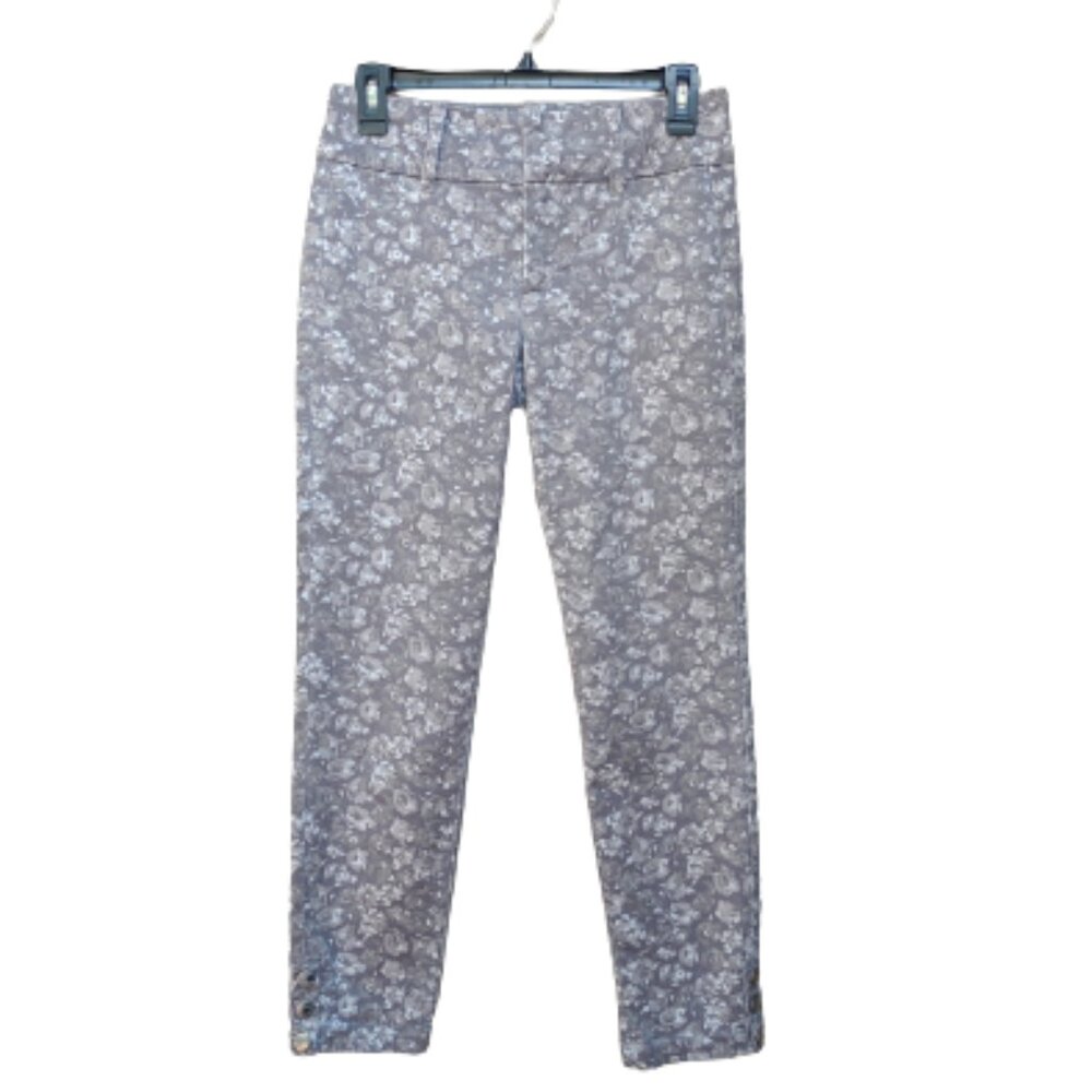 Tinsel Gray Floral Print Pants Skinny Snap Button Hem Business Casual